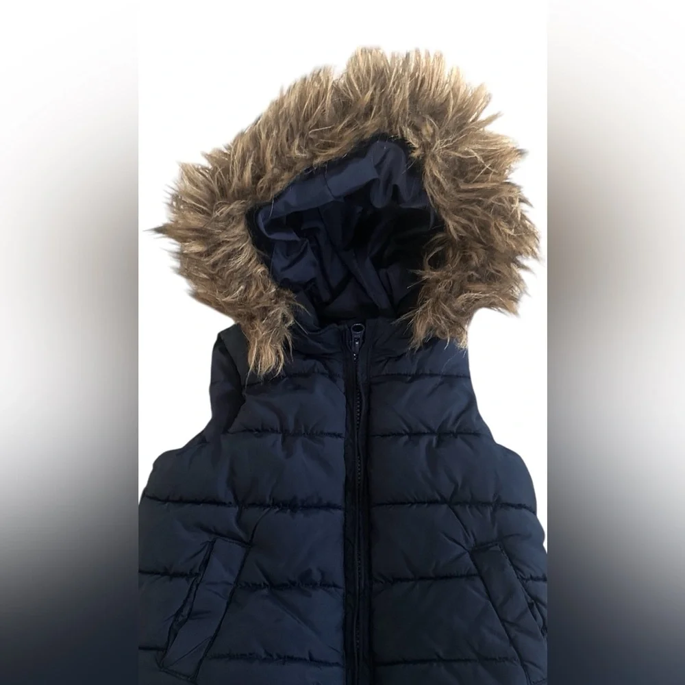 GAP Faux Fur Hood Puffer‎ Vest Navy Blue Toddler Boy 2T